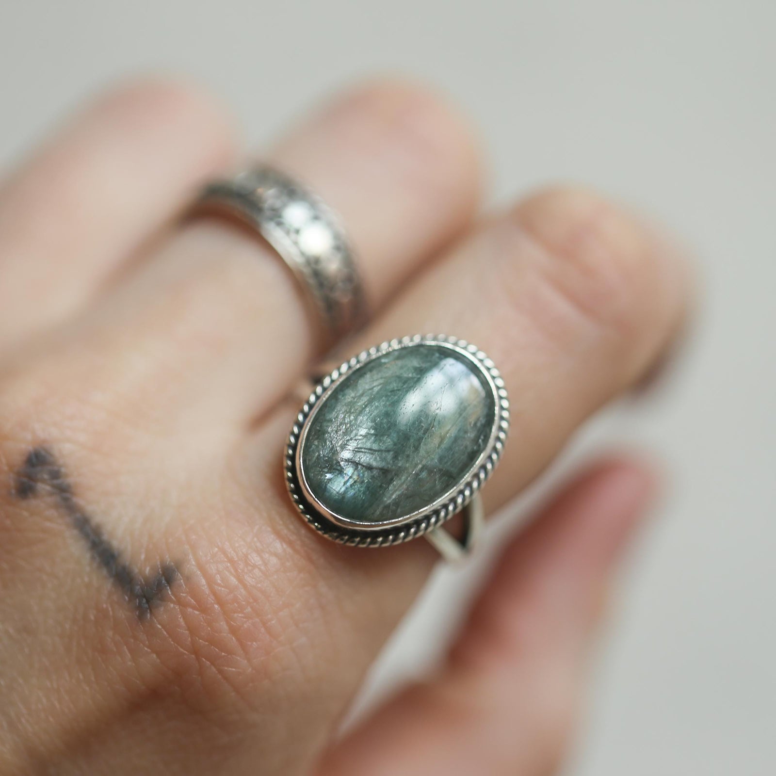 Green Kyanite Sterling Silver Ring – Handmade Boho Statement Ring