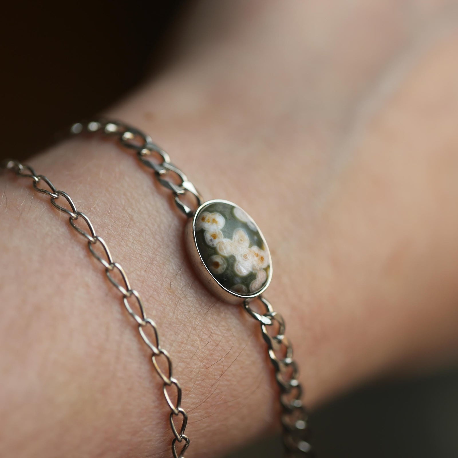 Ocean Jasper Link Bracelet - Sterling Silver Chain Bracelet - Choose Your Stone