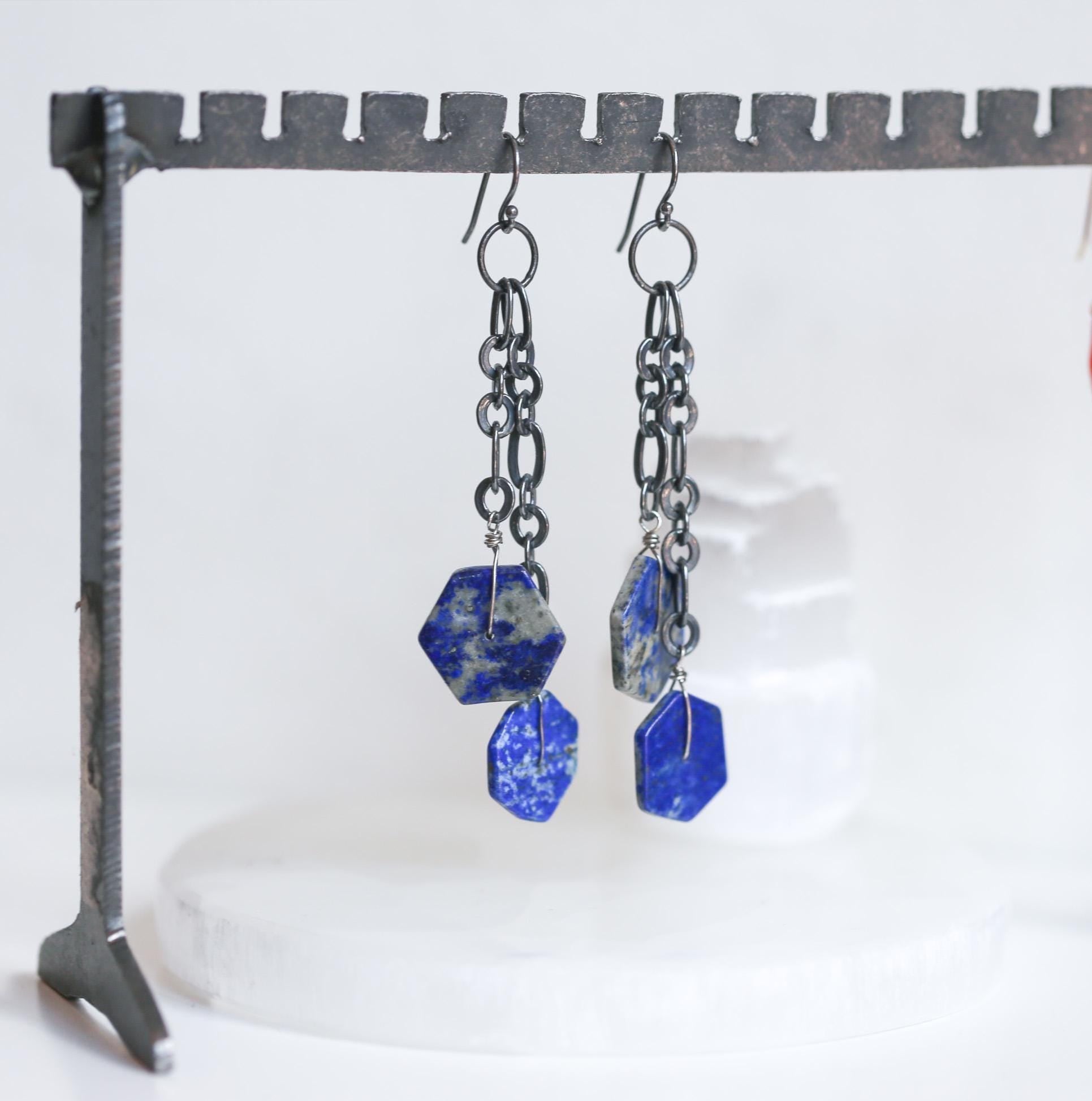 Blue Lapis Lazuli Hex Bead Drop Earrings - Oxidized .925 Sterling Silver