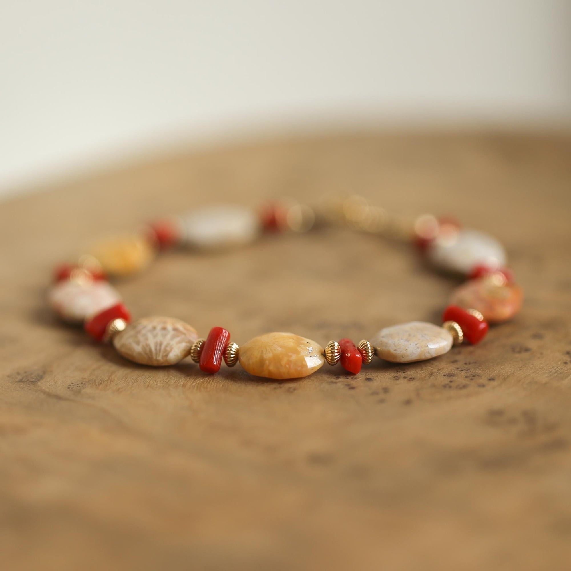 Fossilized Coral Bracelet - Mediterranean Red Coral Beads Bracelet - 14KGF - Gold Filled