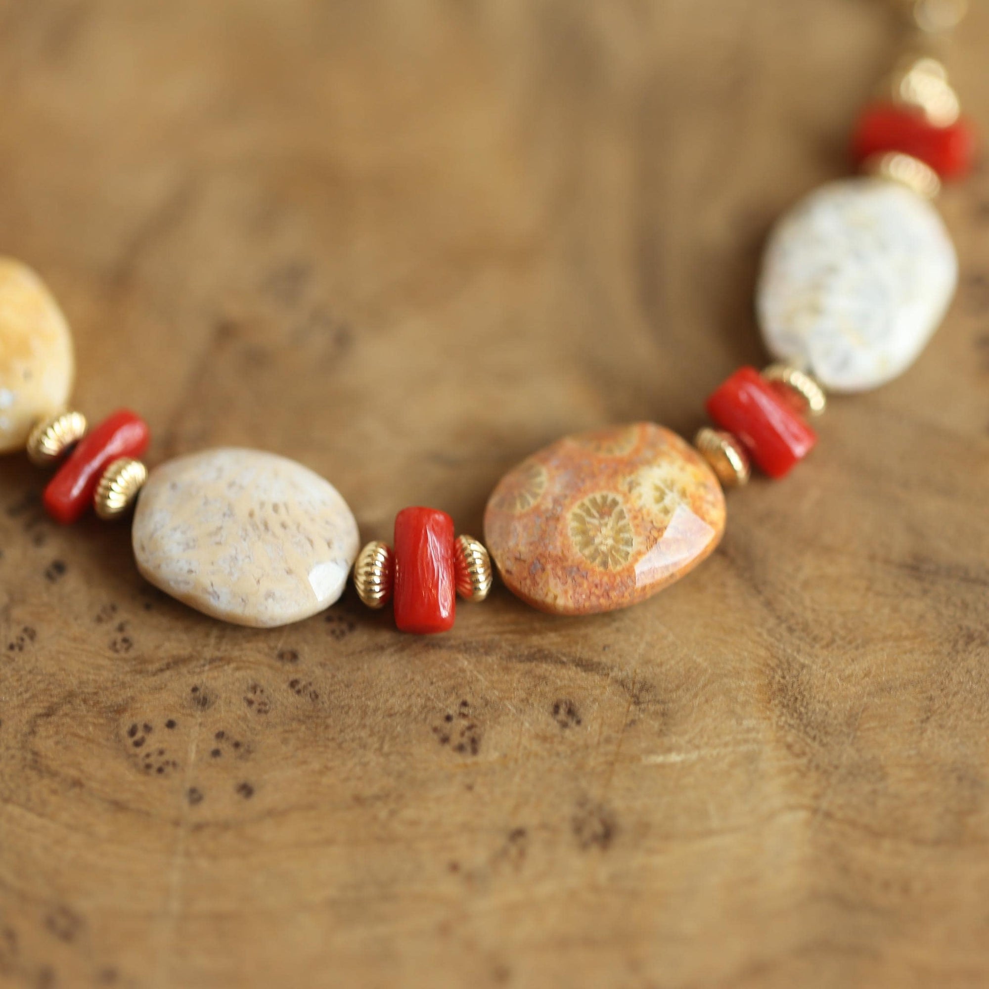 Fossilized Coral Bracelet - Mediterranean Red Coral Beads Bracelet - 14KGF - Gold Filled