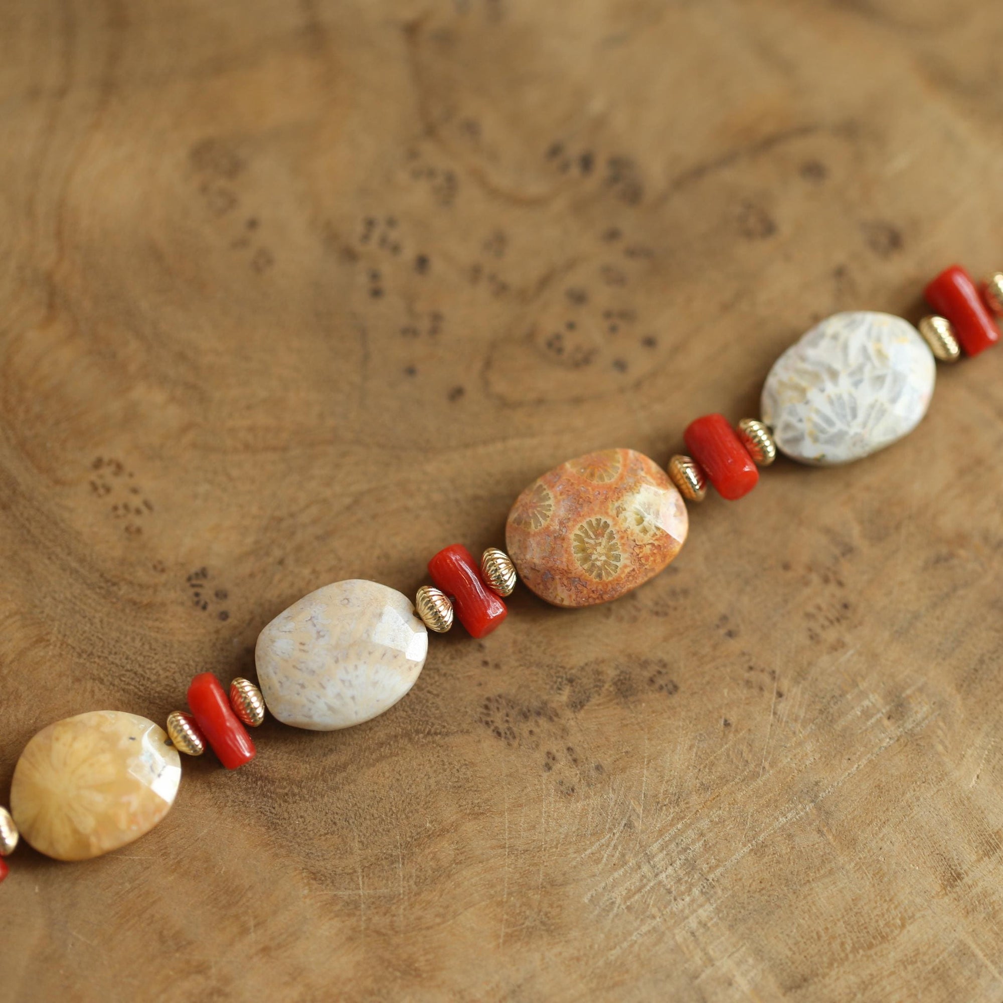 Fossilized Coral Bracelet - Mediterranean Red Coral Beads Bracelet - 14KGF - Gold Filled