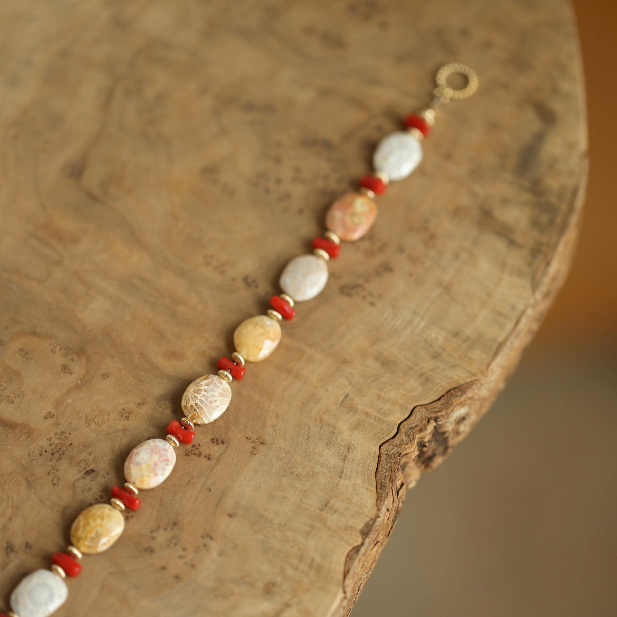 Fossilized Coral Bracelet - Mediterranean Red Coral Beads Bracelet - 14KGF - Gold Filled