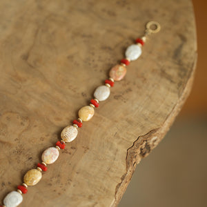 Fossilized Coral Bracelet - Mediterranean Red Coral Beads Bracelet - 14KGF - Gold Filled