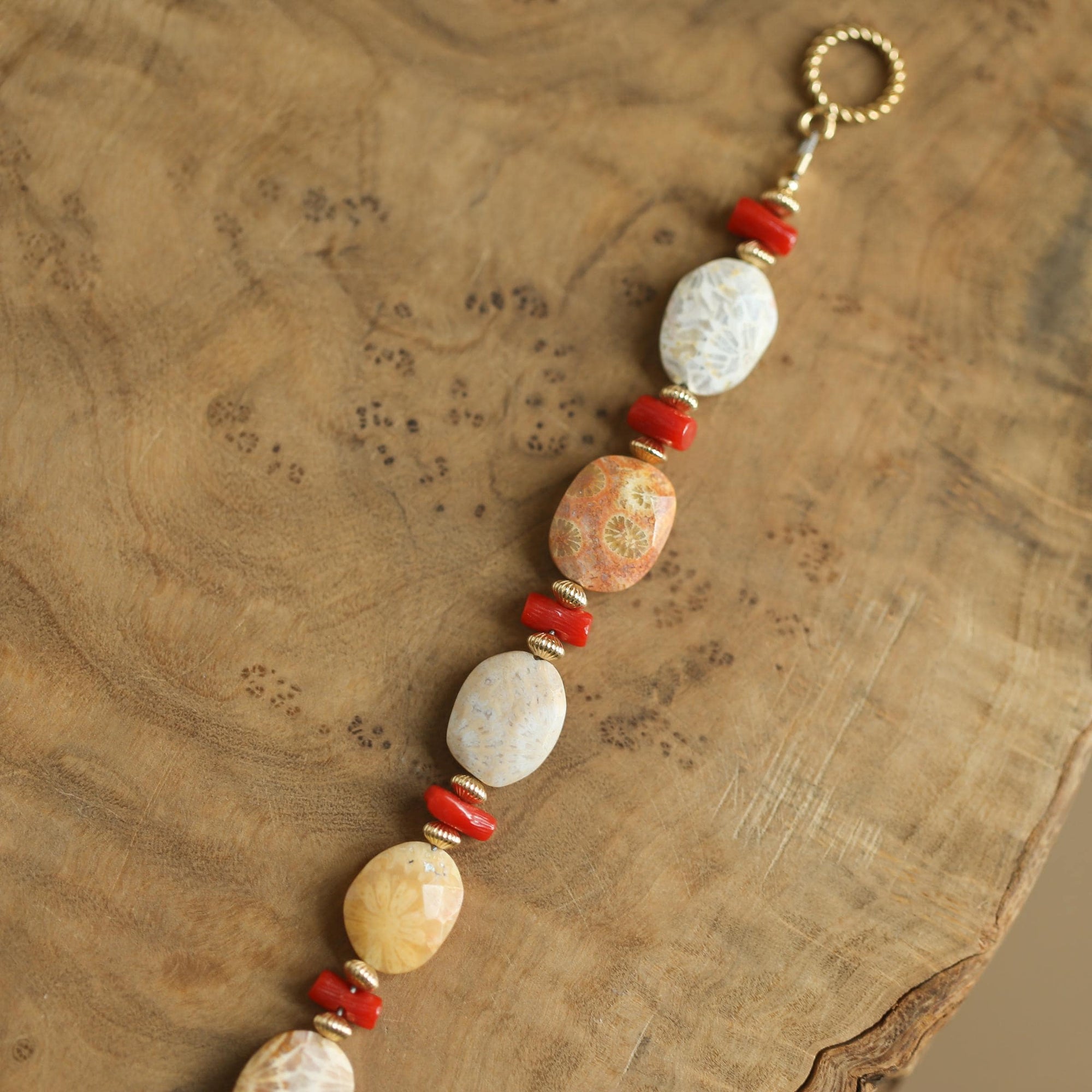 Fossilized Coral Bracelet - Mediterranean Red Coral Beads Bracelet - 14KGF - Gold Filled