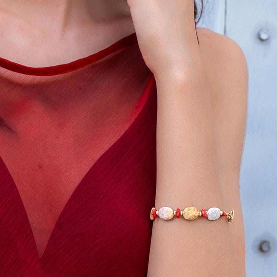 Fossilized Coral Bracelet - Mediterranean Red Coral Beads Bracelet - 14KGF - Gold Filled