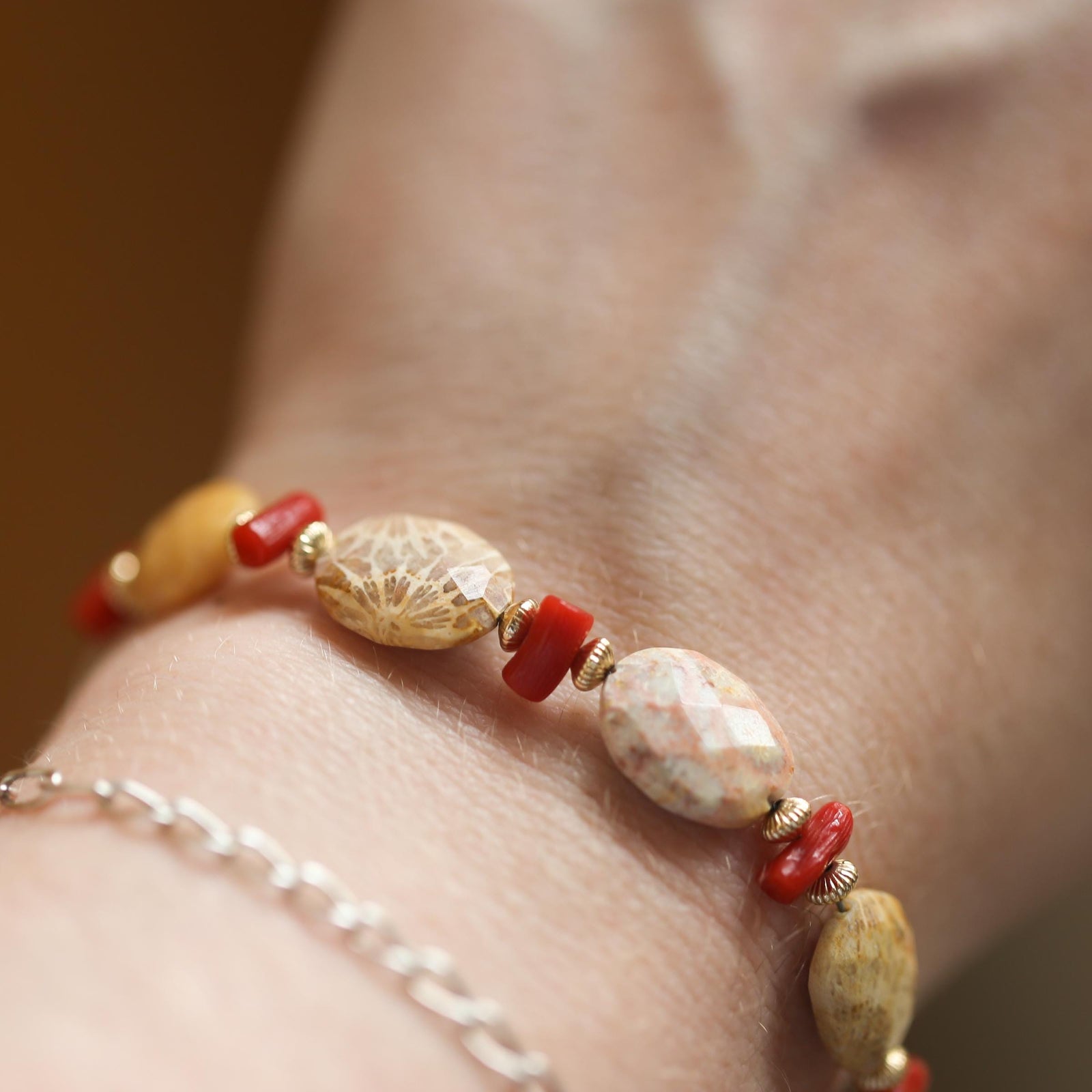 Fossilized Coral Bracelet - Mediterranean Red Coral Beads Bracelet - 14KGF - Gold Filled