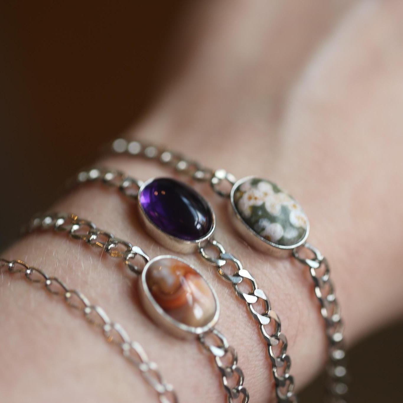 Amethyst Link Bracelet - Sterling Silver Amethyst Bracelet - Silver Chain Link Bracelet