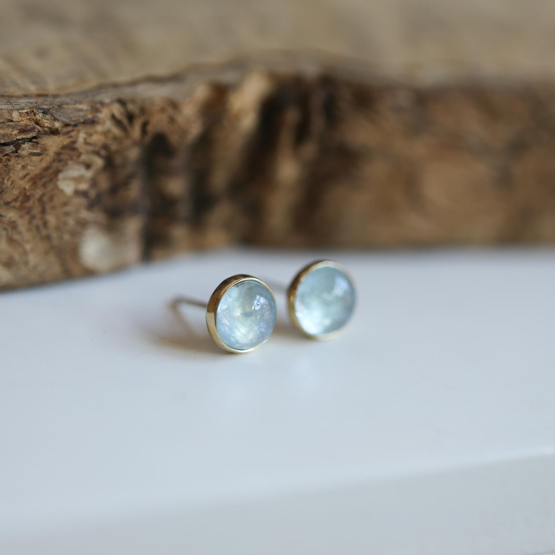 Aquamarine Stud Earrings – 14K Gold Bezel, Sterling Silver Posts