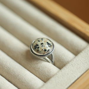 Round Dalmatian Jasper Ring - Western Spotted Jasper Ring - .925 Sterling Silver