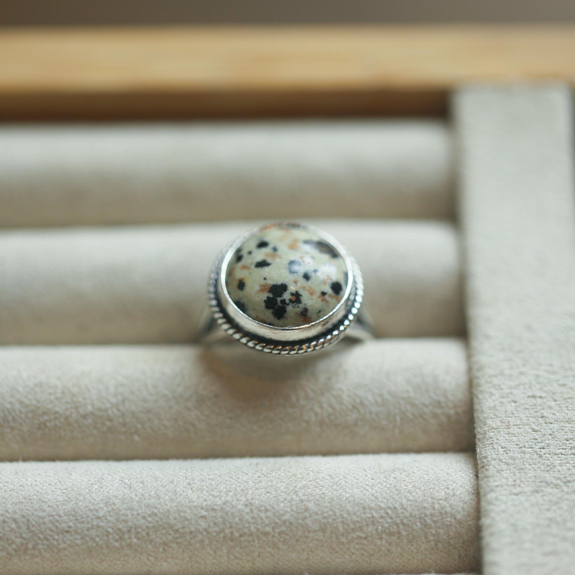 Round Dalmatian Jasper Ring - Western Spotted Jasper Ring - .925 Sterling Silver