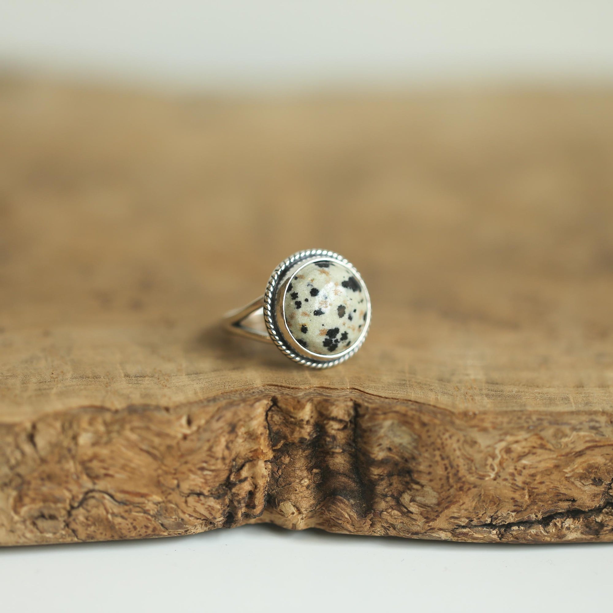 Round Dalmatian Jasper Ring - Western Spotted Jasper Ring - .925 Sterling Silver