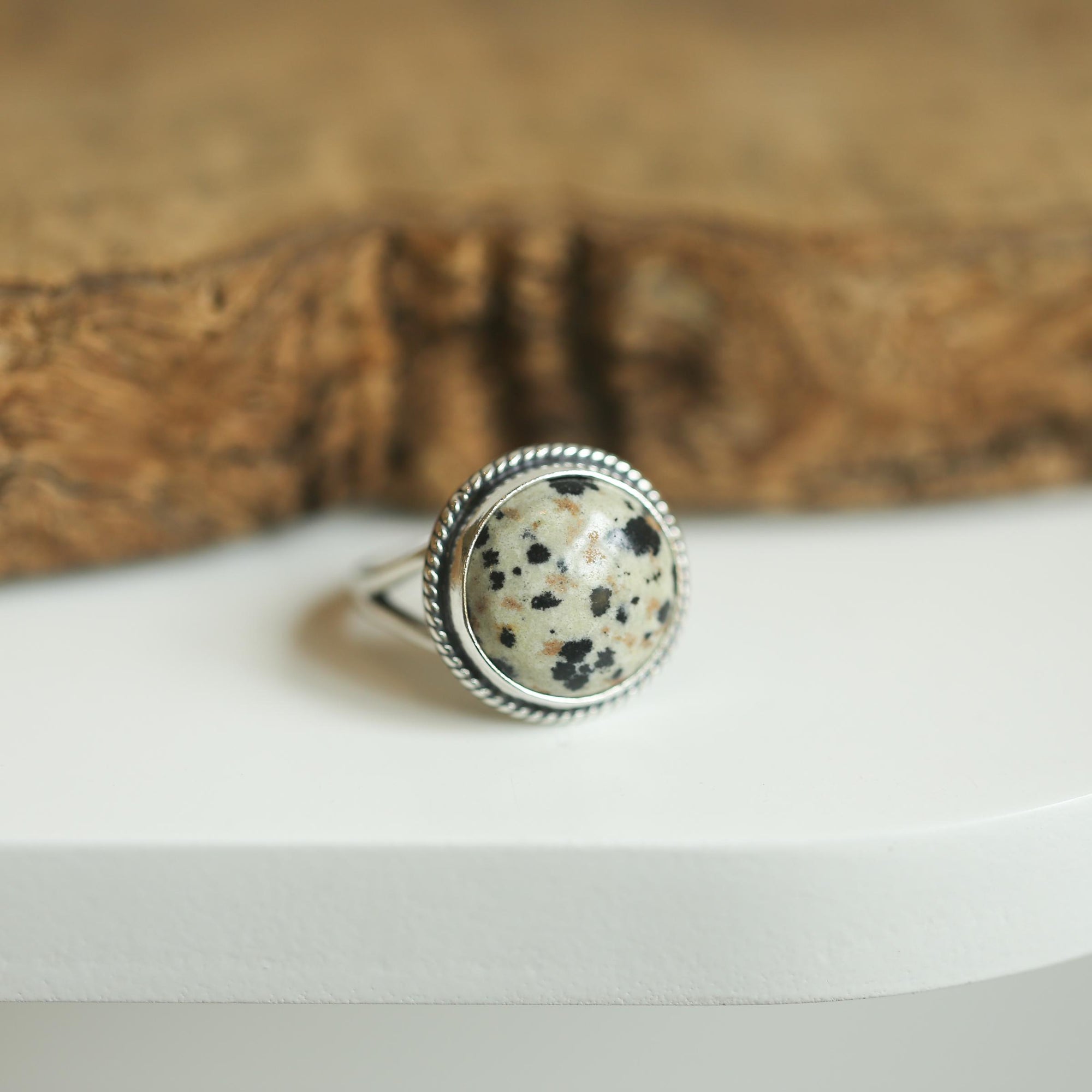 Round Dalmatian Jasper Ring - Western Spotted Jasper Ring - .925 Sterling Silver