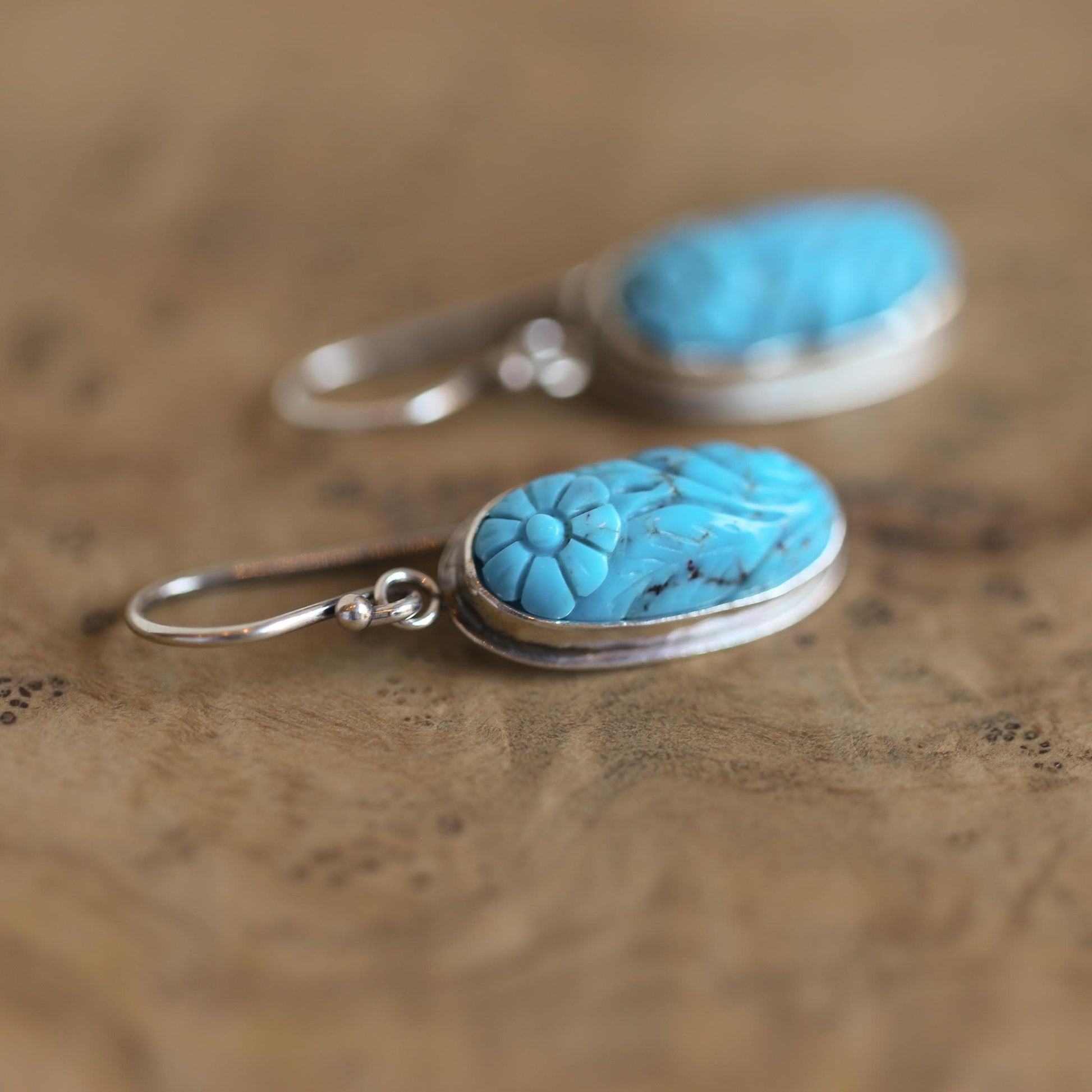 Carved Turquoise Earrings – Floral Sterling Silver Drops
