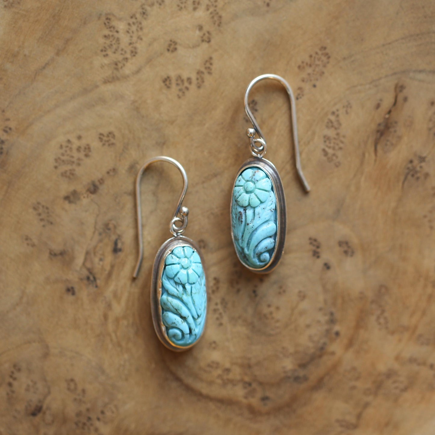 Carved Turquoise Earrings – Floral Sterling Silver Drops