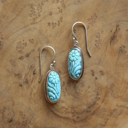 Carved Turquoise Earrings – Floral Sterling Silver Drops