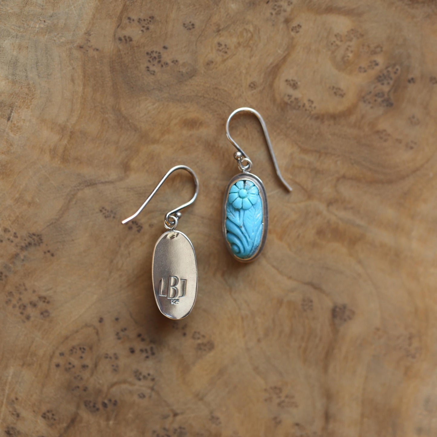 Carved Turquoise Earrings – Floral Sterling Silver Drops