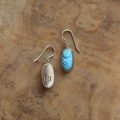 Carved Turquoise Earrings – Floral Sterling Silver Drops