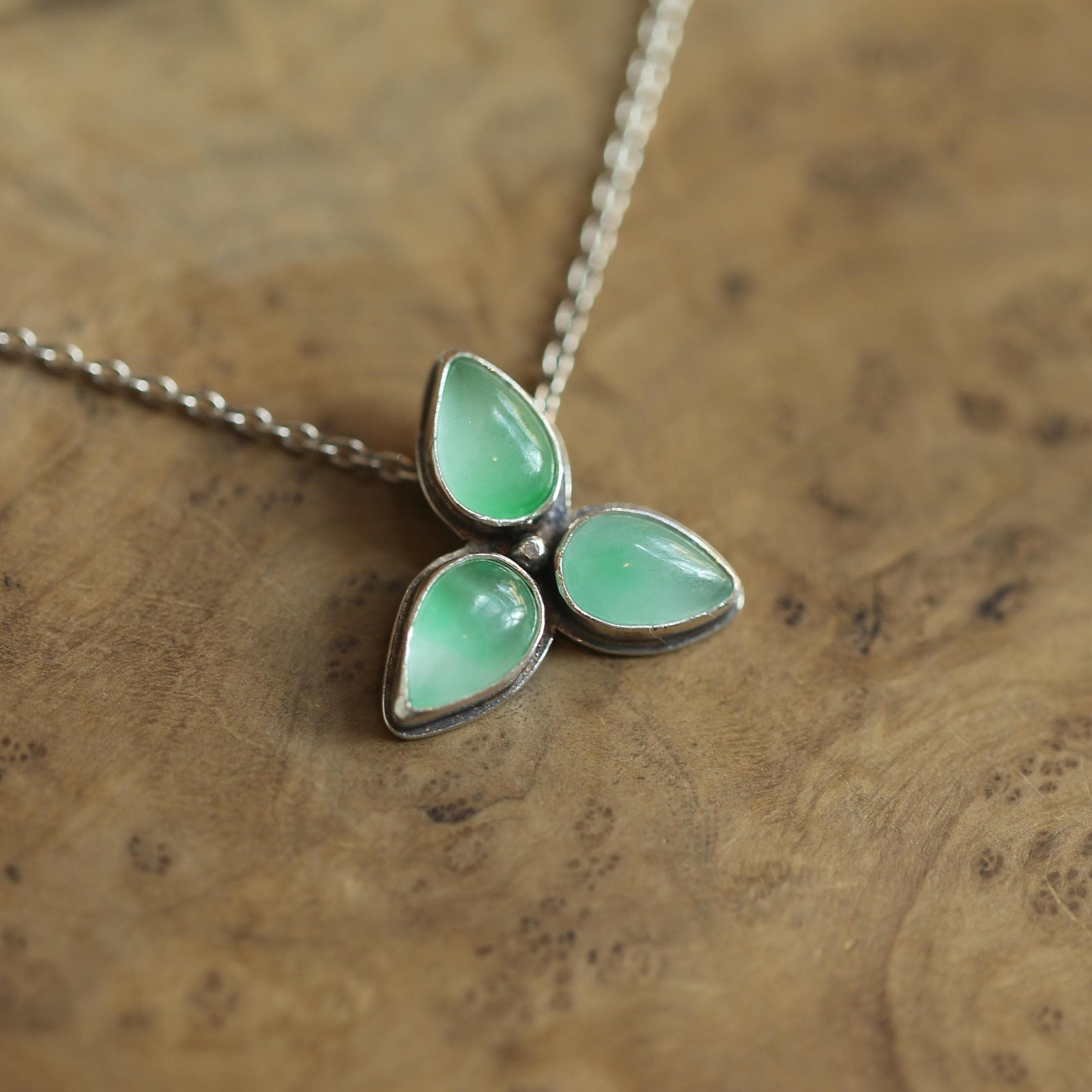 Green Jade Star Flower Necklace - 3-Stone Burma Jade Pendant - Sterling Silver