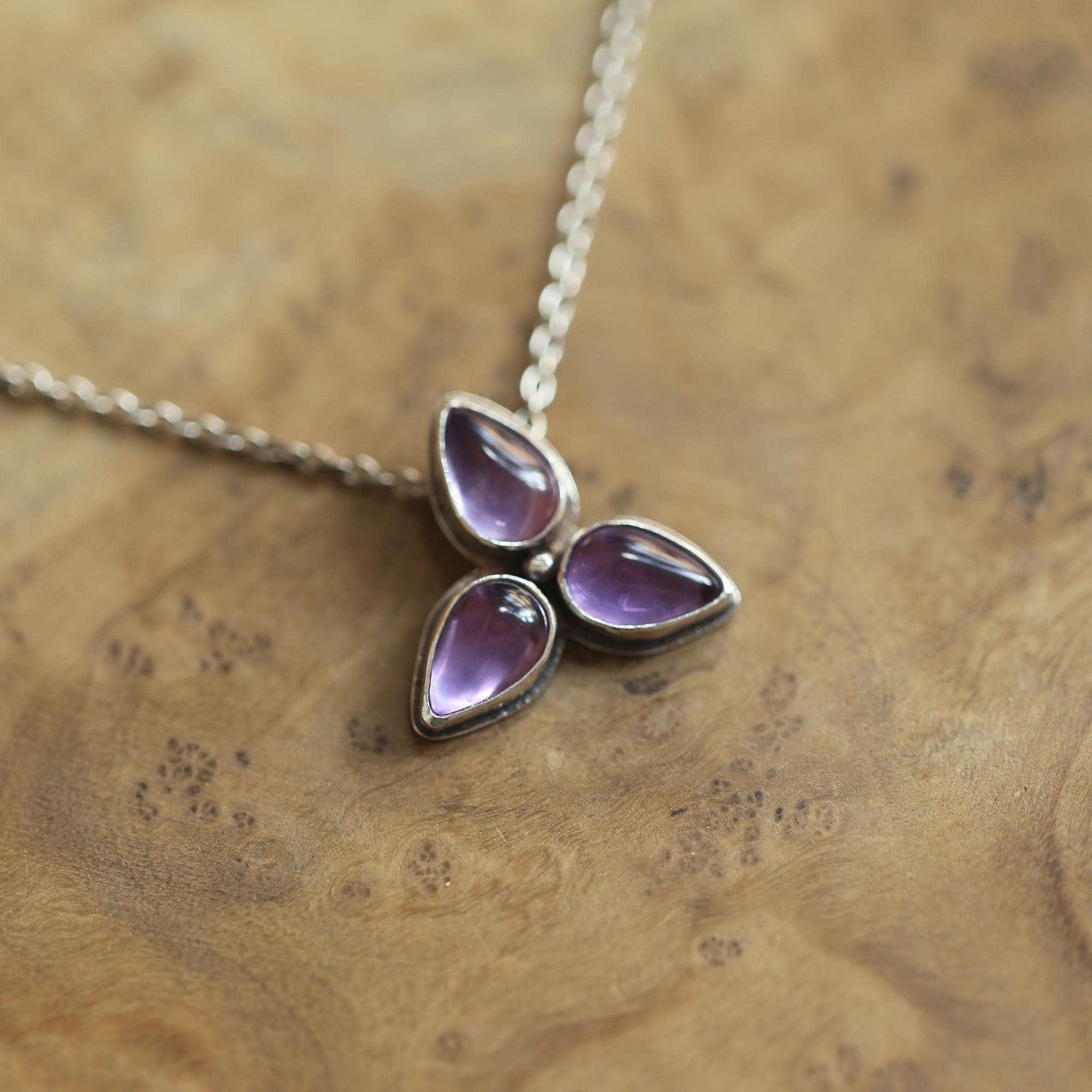 Purple Amethyst Star Power Necklace - 3 Stone Amethyst Pendant - Sterling Silver