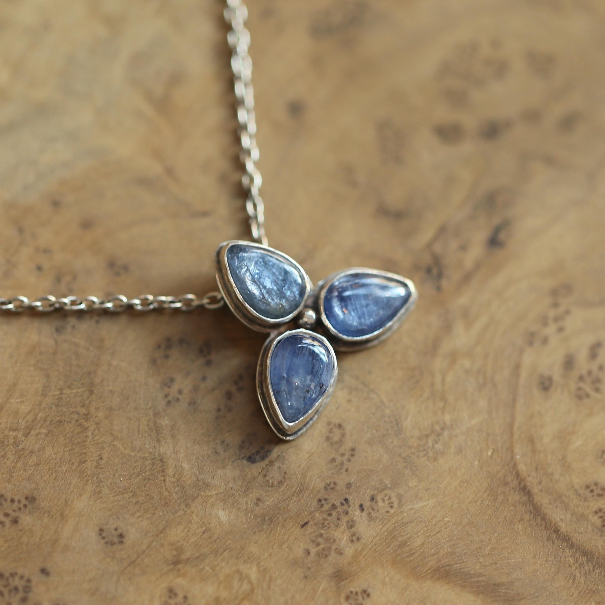 Blue Kyanite Star Flower Necklace - 3-Stone Kyanite Pendant - Sterling Silver