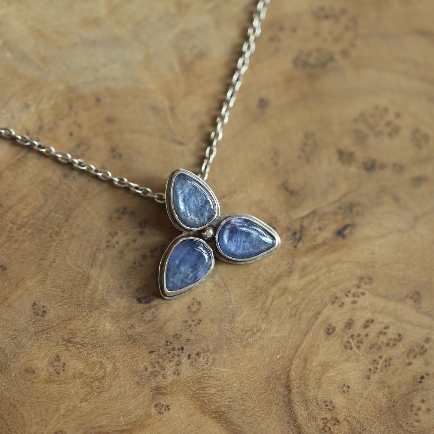 Blue Kyanite Star Flower Necklace - 3-Stone Kyanite Pendant - Sterling Silver