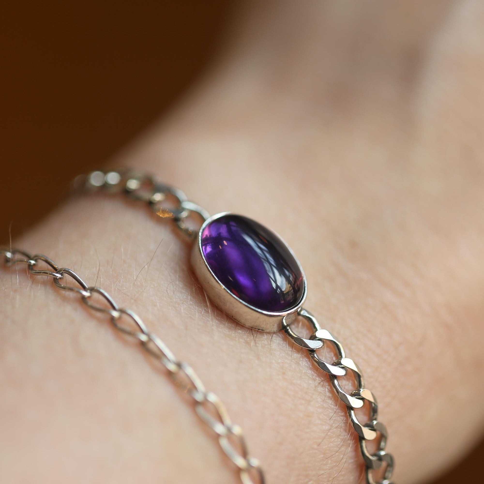 Amethyst Link Bracelet - Sterling Silver Amethyst Bracelet - Silver Chain Link Bracelet