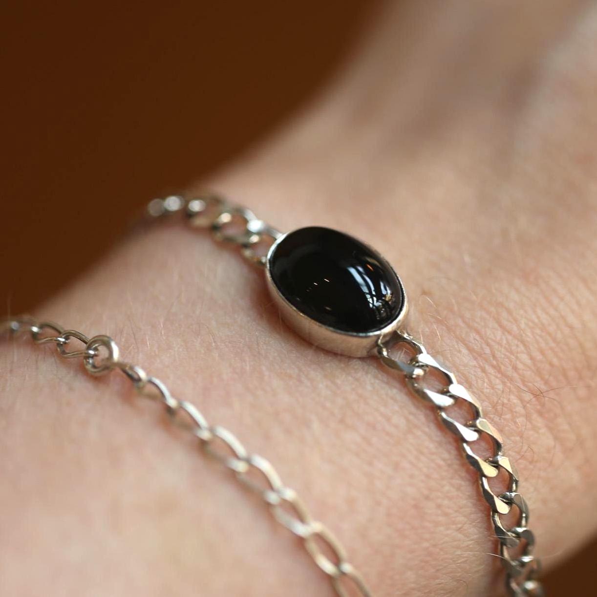 Black Agate Link Bracelet - Sterling Silver Black Agate Bracelet - Silver Chain Link Bracelet