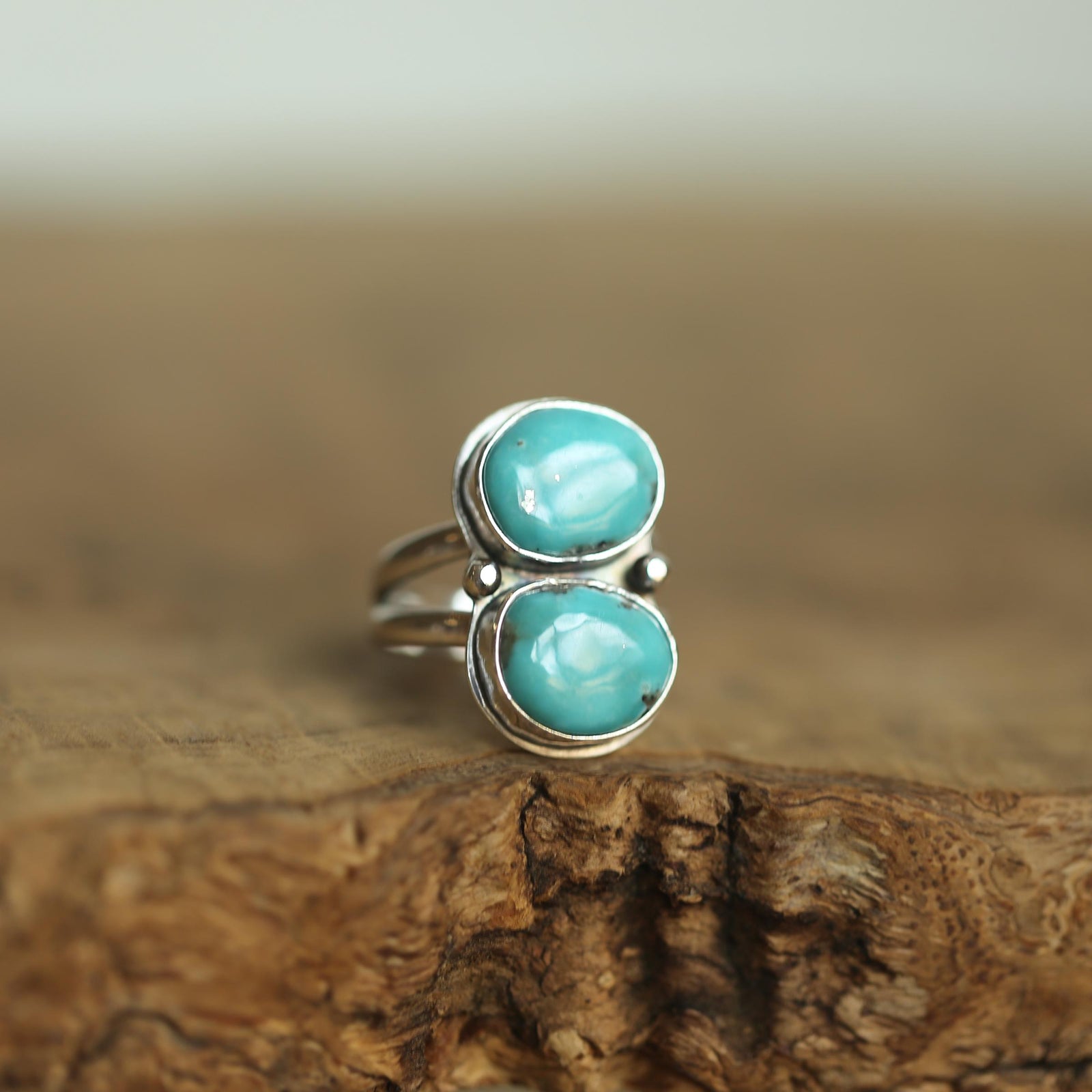 Campitos Turquoise Ring - 2 Stone Ring - Sterling Silver - Size 6, 7 or 8