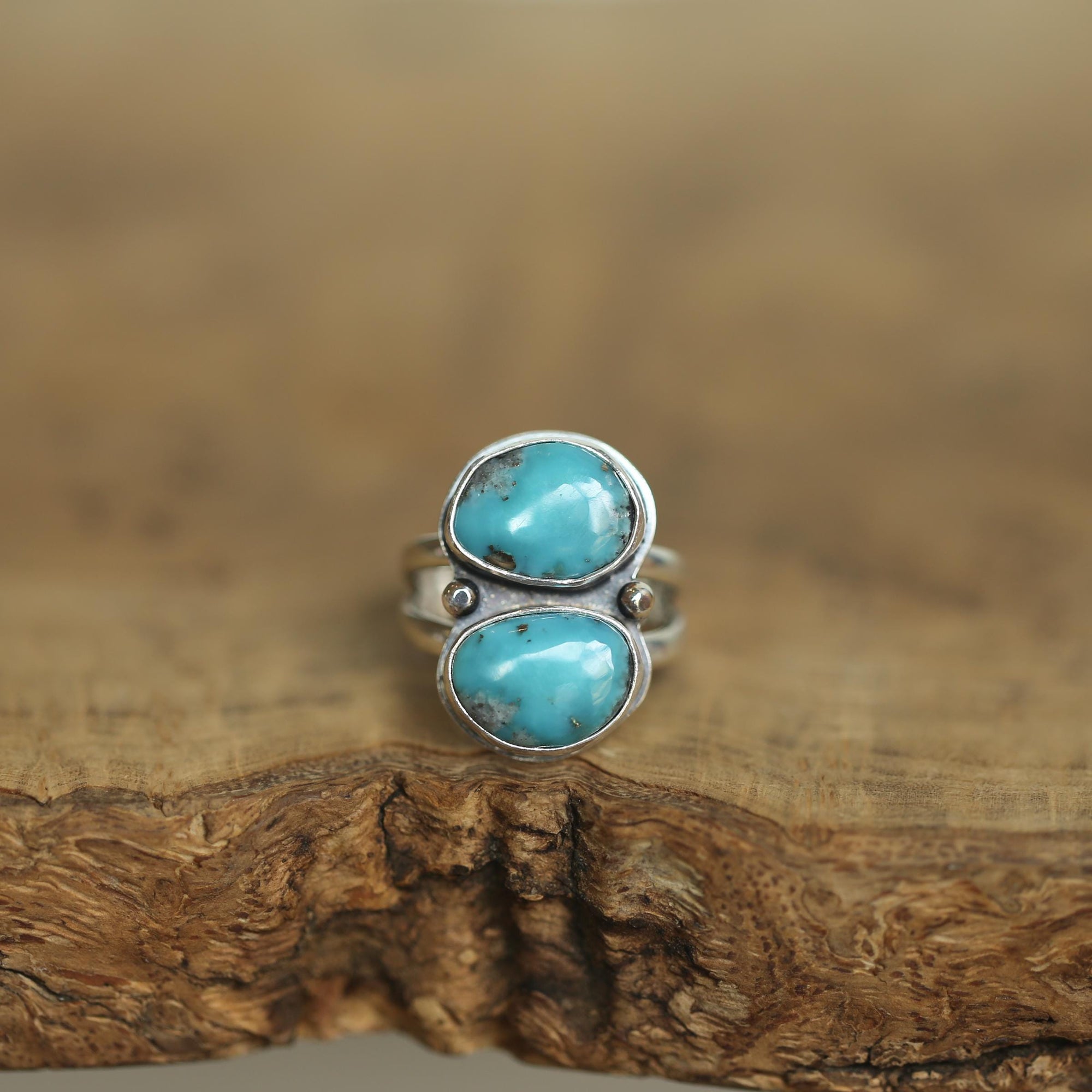 Campitos Turquoise Ring - 2 Stone Ring - Sterling Silver - Size 6, 7 or 8