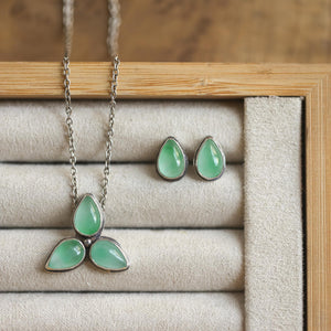 Green Jade Star Flower Necklace - 3-Stone Burma Jade Pendant - Sterling Silver
