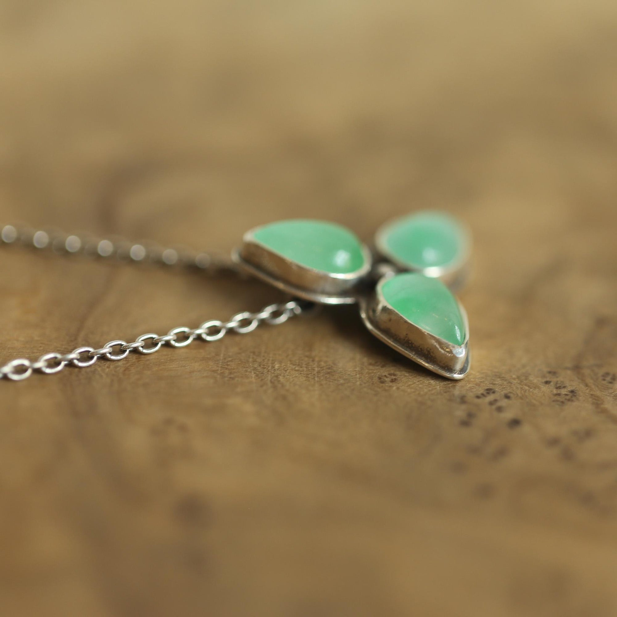 Green Jade Star Flower Necklace - 3-Stone Burma Jade Pendant - Sterling Silver