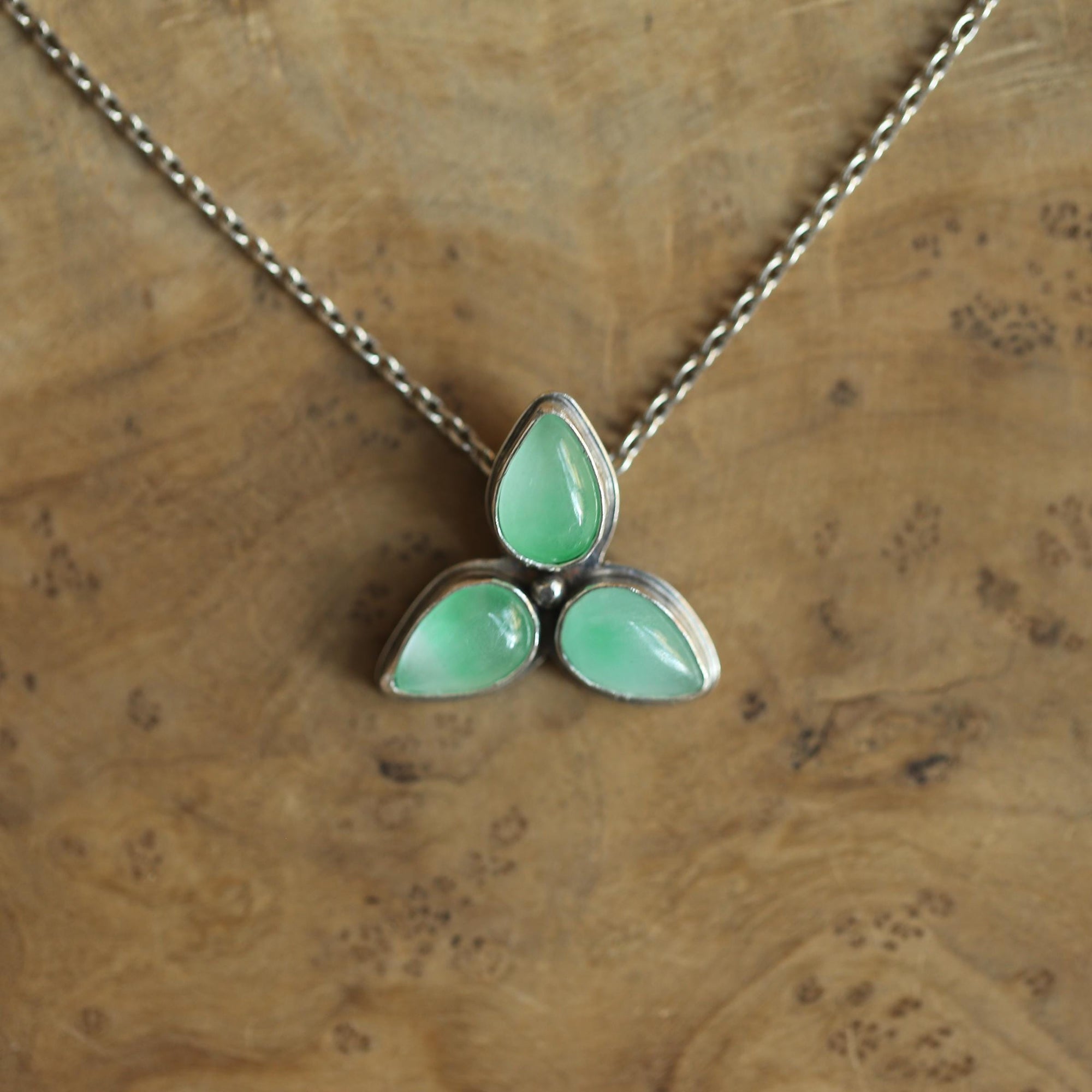 Green Jade Star Flower Necklace - 3-Stone Burma Jade Pendant - Sterling Silver