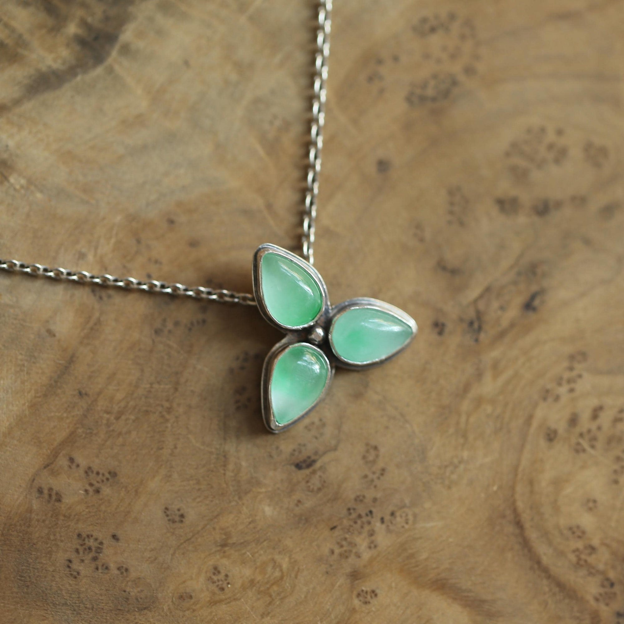Green Jade Star Flower Necklace - 3-Stone Burma Jade Pendant - Sterling Silver