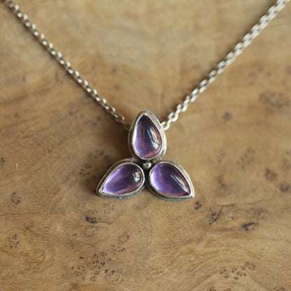 Purple Amethyst Star Power Necklace - 3 Stone Pendant - Sterling Silver