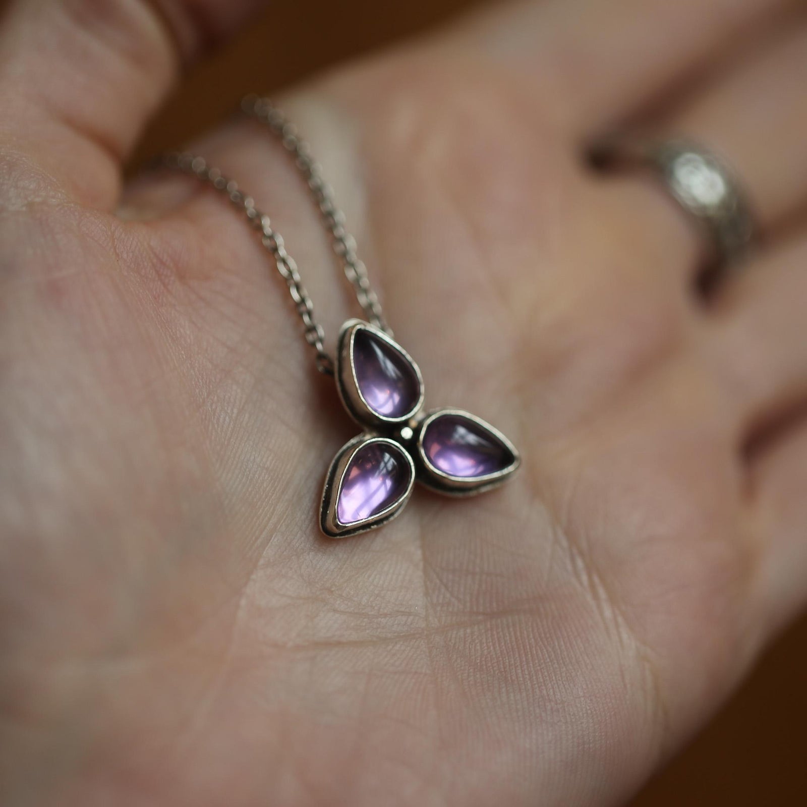 Purple Amethyst Star Power Necklace - 3 Stone Amethyst Pendant - Sterling Silver