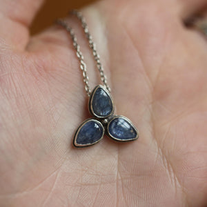 Blue Kyanite Star Flower Necklace - 3-Stone Kyanite Pendant - Sterling Silver
