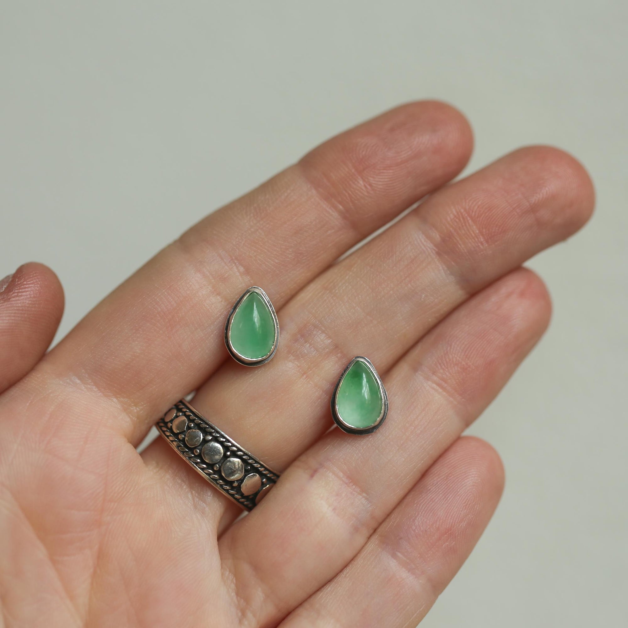 Jade Teardrop Posts - .925 Sterling Silver - Burma Jade Earrings