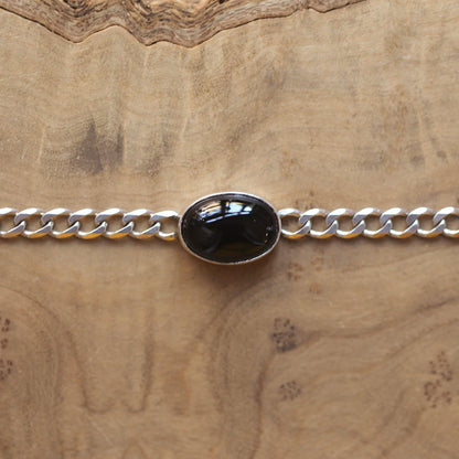 Black Agate Sterling Silver Link Bracelet – Unisex Curb Chain