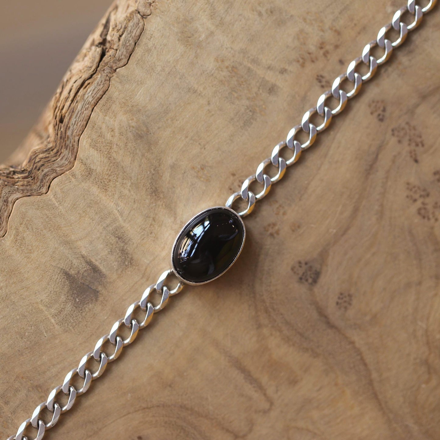 Black Agate Sterling Silver Link Bracelet – Unisex Curb Chain