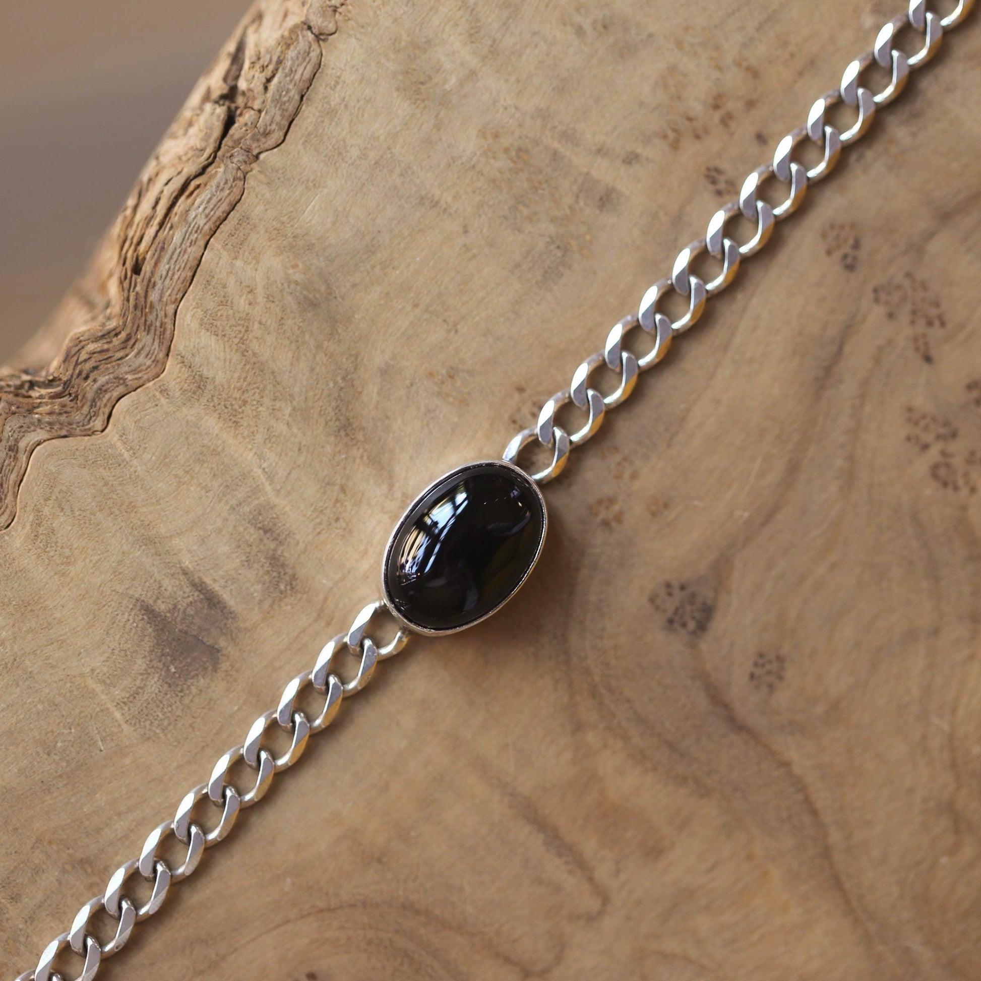 Black Agate Sterling Silver Link Bracelet – Unisex Curb Chain