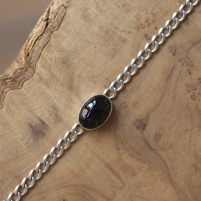 Black Agate Sterling Silver Link Bracelet – Unisex Curb Chain