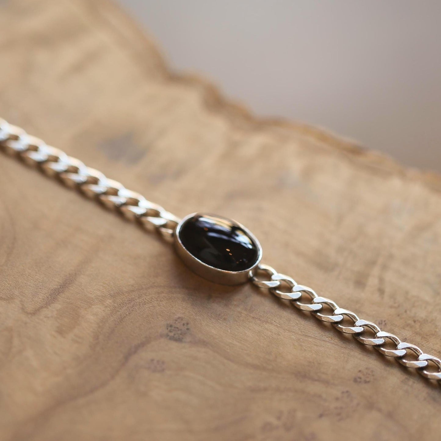 Black Agate Sterling Silver Link Bracelet – Unisex Curb Chain