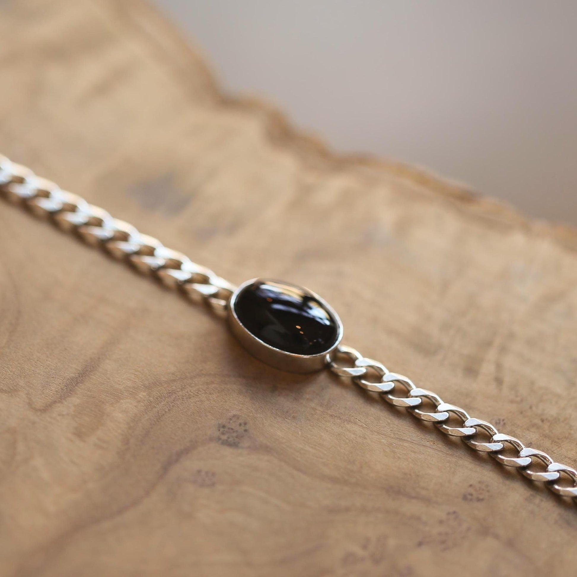 Black Agate Sterling Silver Link Bracelet – Unisex Curb Chain
