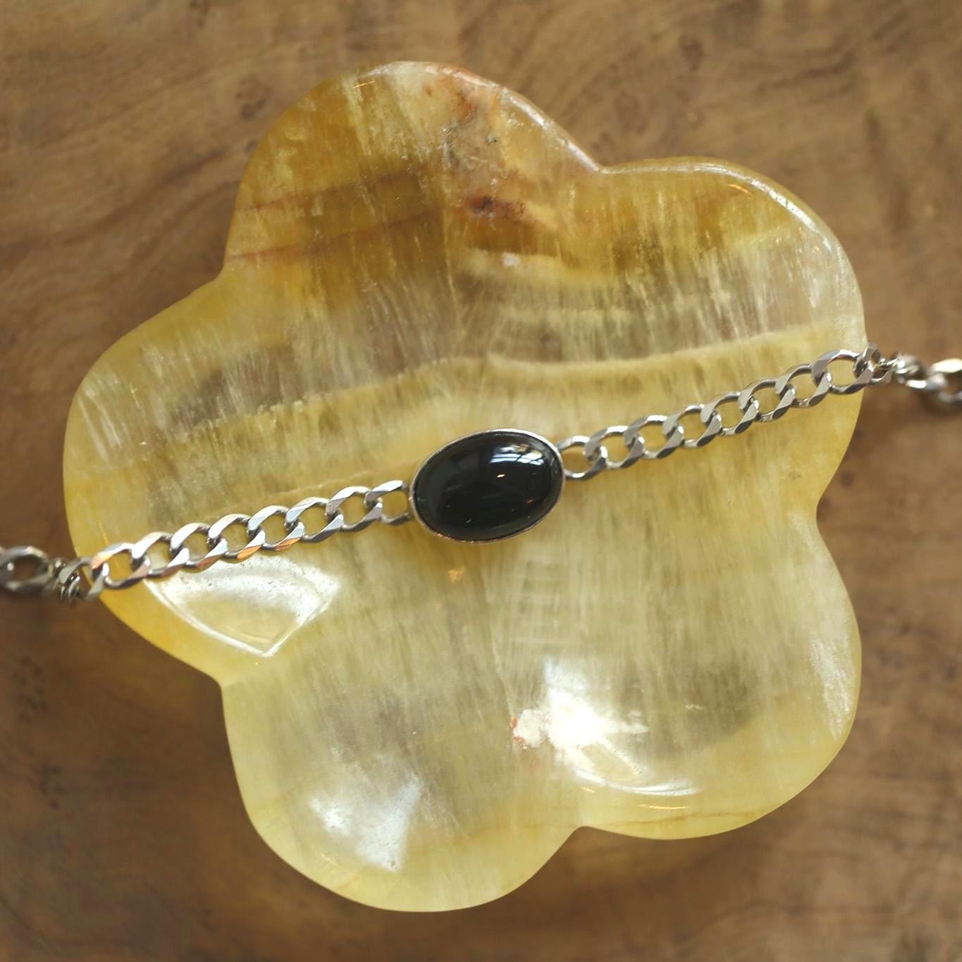 Black Agate Sterling Silver Link Bracelet – Unisex Curb Chain