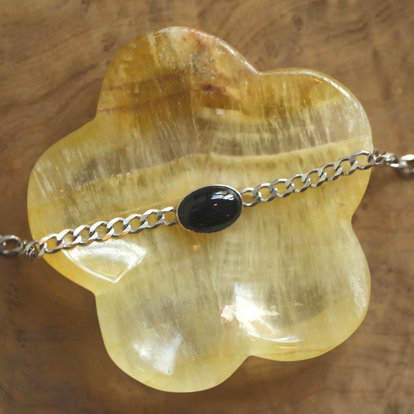 Black Agate Link Bracelet - Sterling Silver Black Agate Bracelet - Silver Chain Link Bracelet