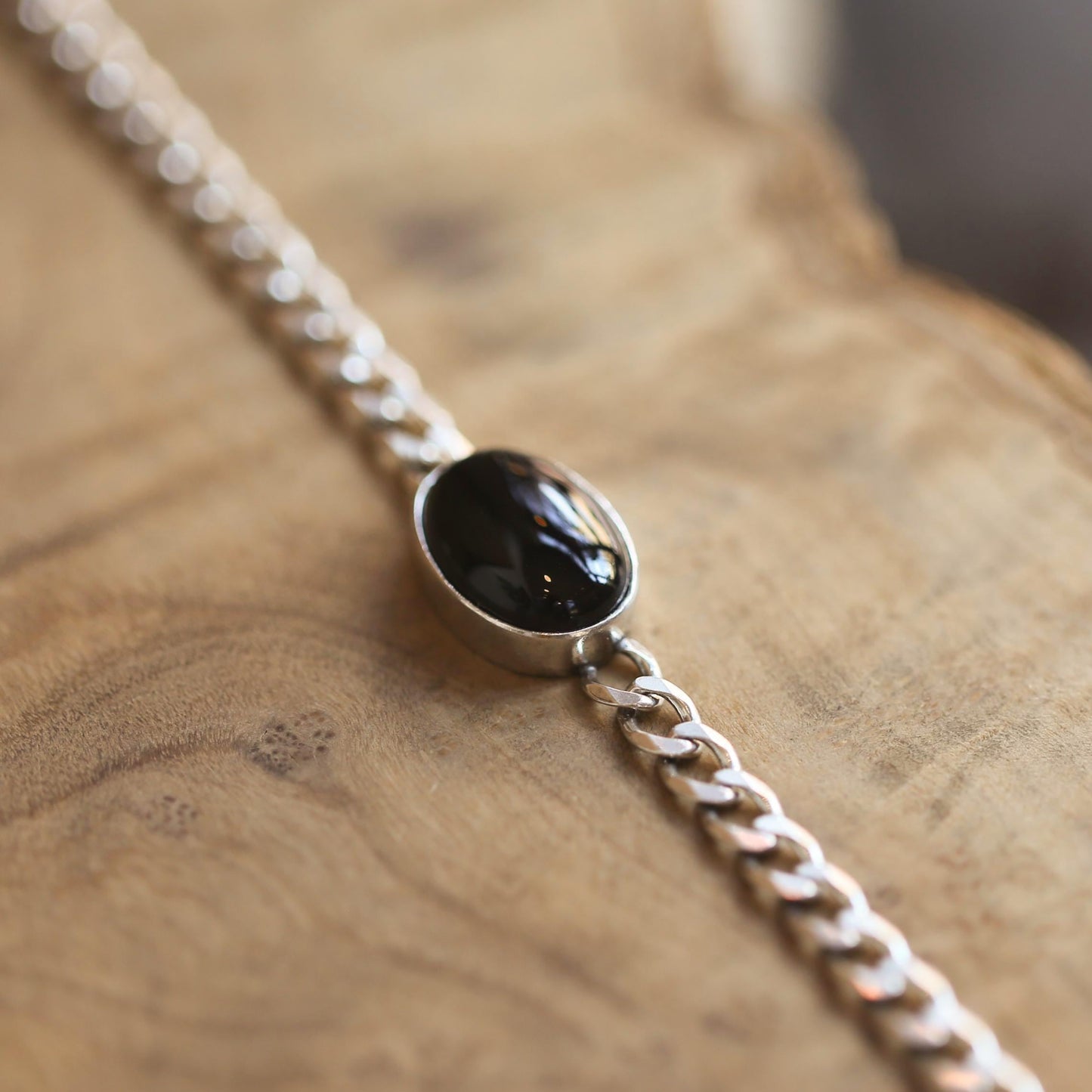 Black Agate Sterling Silver Link Bracelet – Unisex Curb Chain