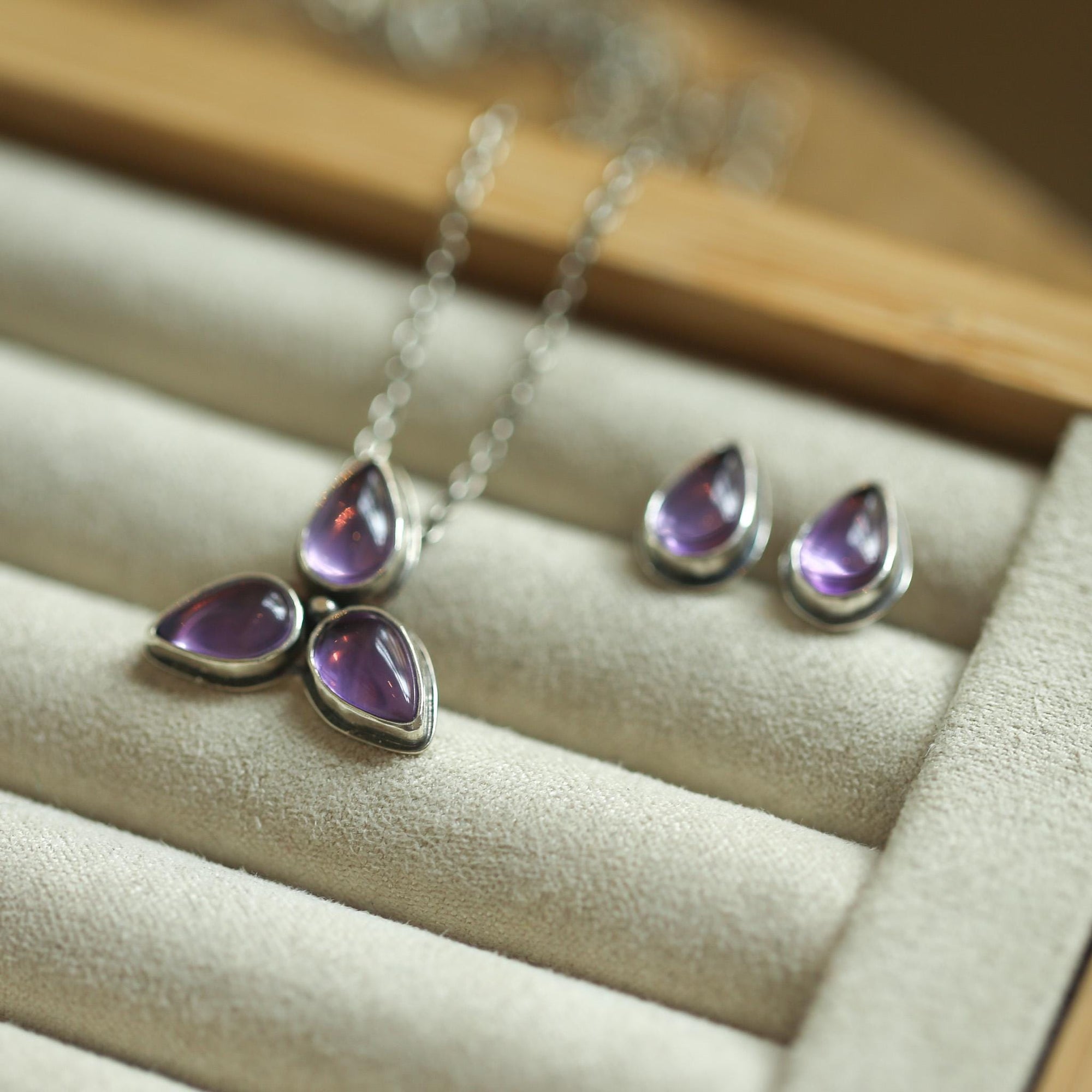 Purple Amethyst Star Power Necklace - 3 Stone Amethyst Pendant - Sterling Silver