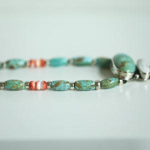 Turquoise White Buffalo Spiny Oyster Pendant with beaded Chain Necklace - Sterling Silver