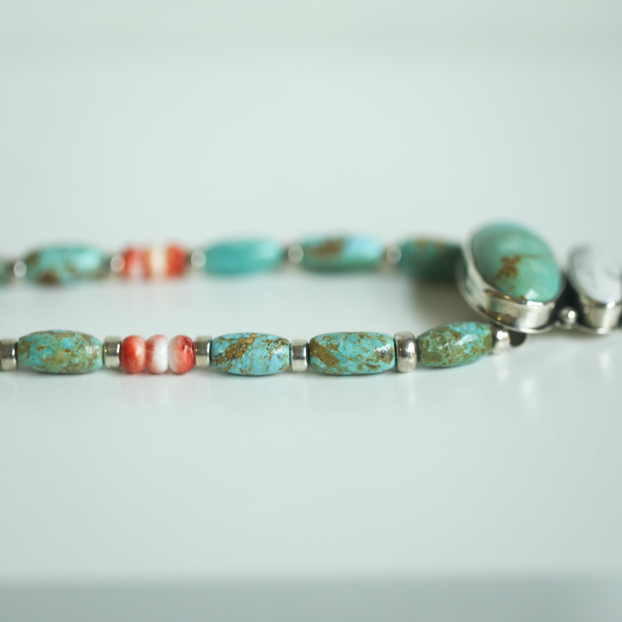 Turquoise White Buffalo Spiny Oyster Pendant with beaded Chain Necklace - Sterling Silver